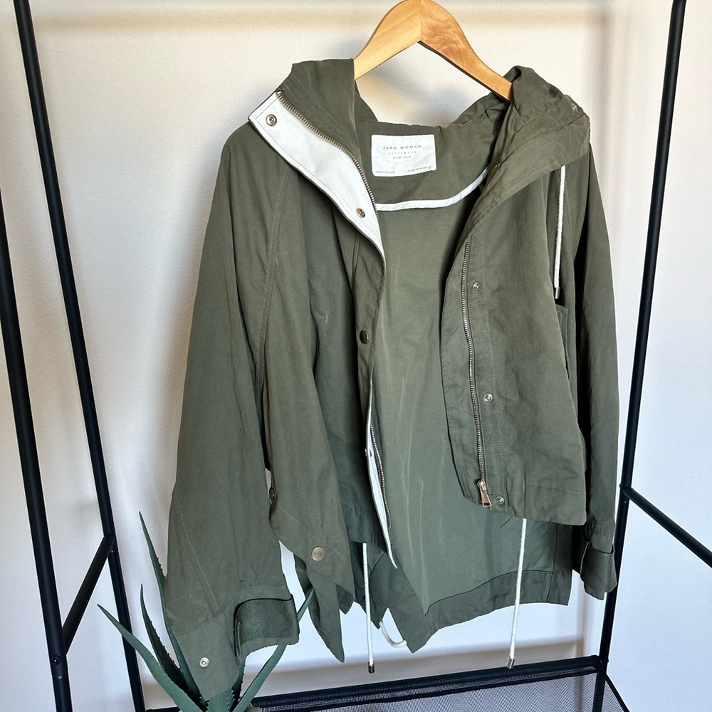 Zara Khaki Hooded Jacket with White Trim